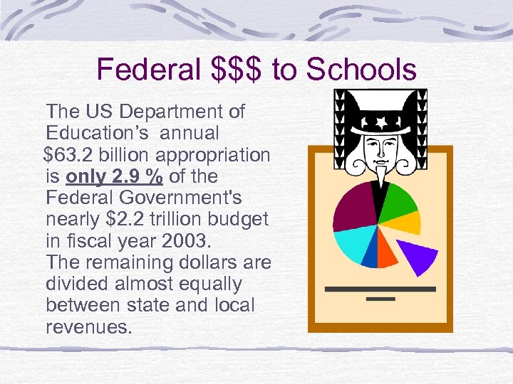 Federal $$$ to Schools The US Department of Education’s annual $63. 2 billion appropriation
