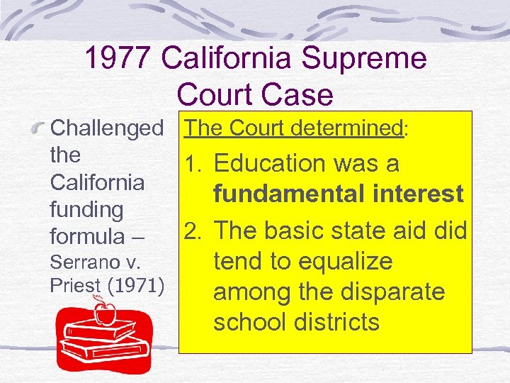1977 California Supreme Court Case Challenged The Court determined: the 1. Education was a