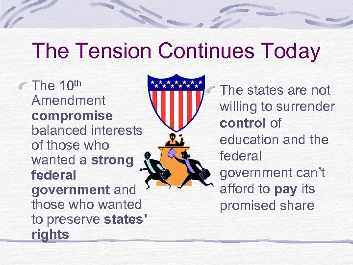 The Tension Continues Today The 10 th Amendment compromise balanced interests of those who