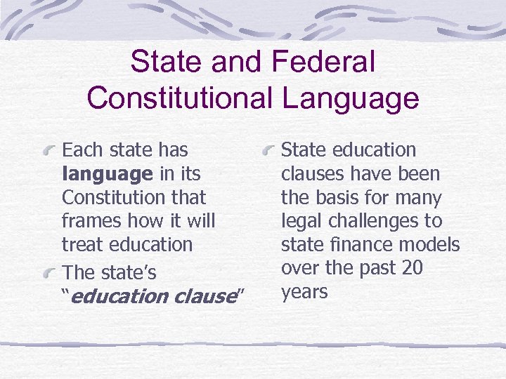 State and Federal Constitutional Language Each state has language in its Constitution that frames