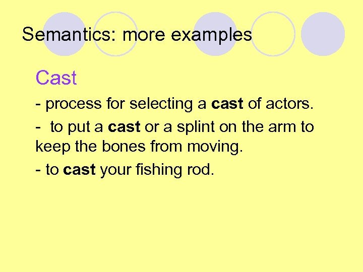 Semantics: more examples Cast - process for selecting a cast of actors. - to