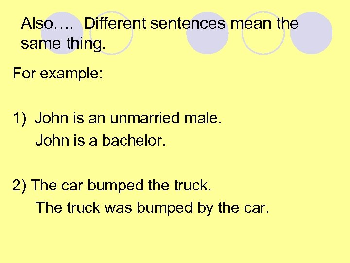 Also…. Different sentences mean the same thing. For example: 1) John is an unmarried
