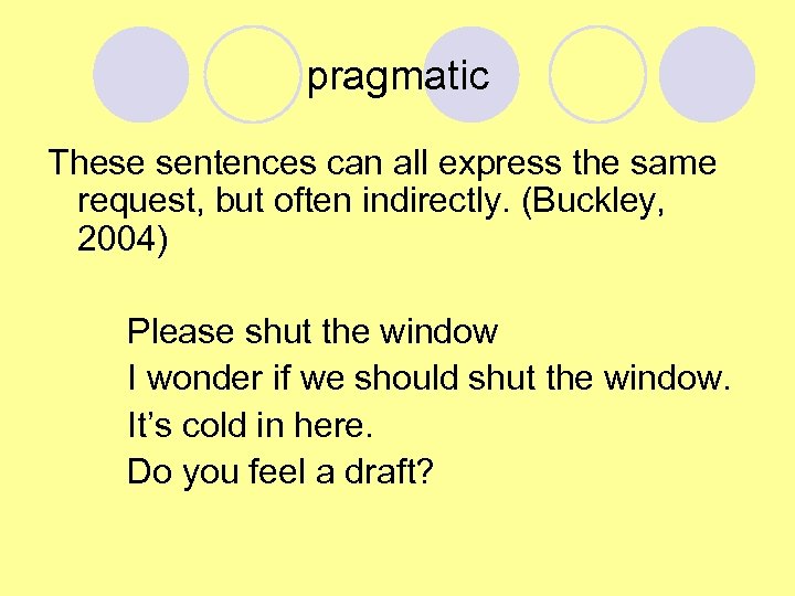pragmatic These sentences can all express the same request, but often indirectly. (Buckley, 2004)