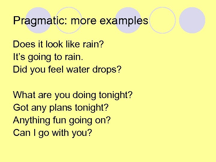 Pragmatic: more examples Does it look like rain? It’s going to rain. Did you