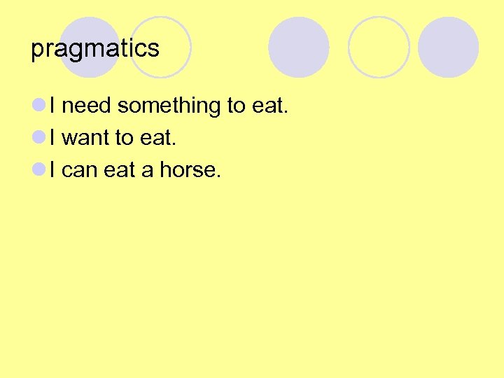 pragmatics l I need something to eat. l I want to eat. l I