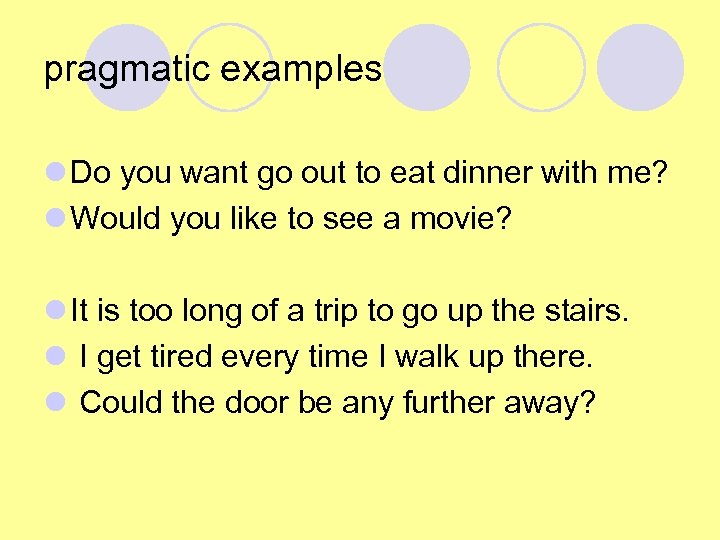 pragmatic examples l Do you want go out to eat dinner with me? l