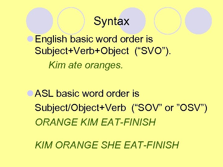 Syntax l English basic word order is Subject+Verb+Object (“SVO”). Kim ate oranges. l ASL