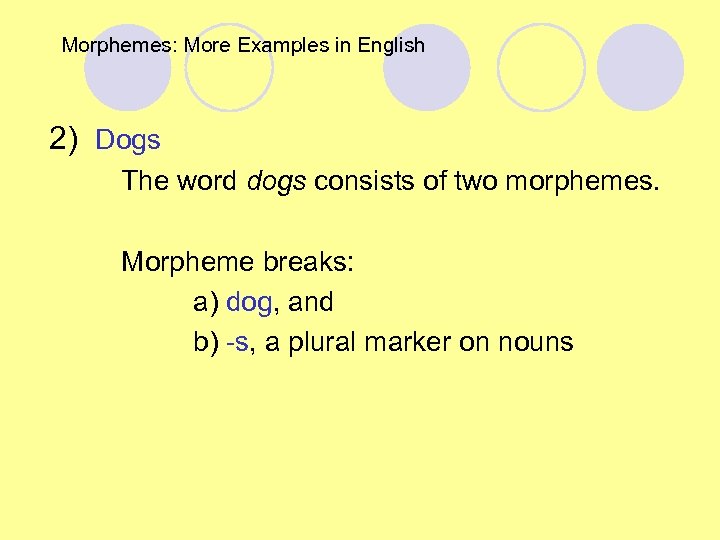 Morphemes: More Examples in English 2) Dogs The word dogs consists of two morphemes.