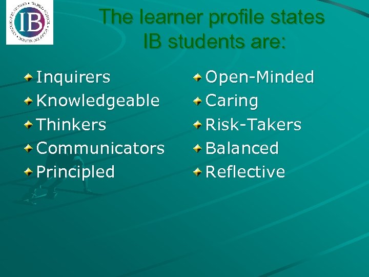 The learner profile states IB students are: Inquirers Knowledgeable Thinkers Communicators Principled Open-Minded Caring