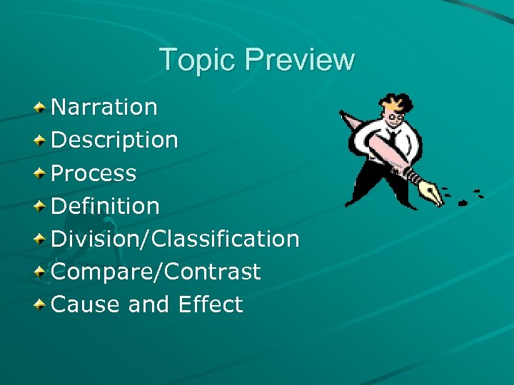 Topic Preview Narration Description Process Definition Division/Classification Compare/Contrast Cause and Effect 