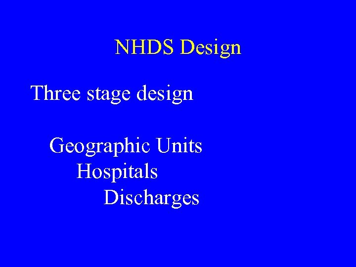 NHDS Design Three stage design Geographic Units Hospitals Discharges 