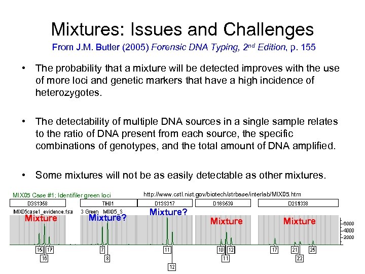 Mixtures: Issues and Challenges From J. M. Butler (2005) Forensic DNA Typing, 2 nd