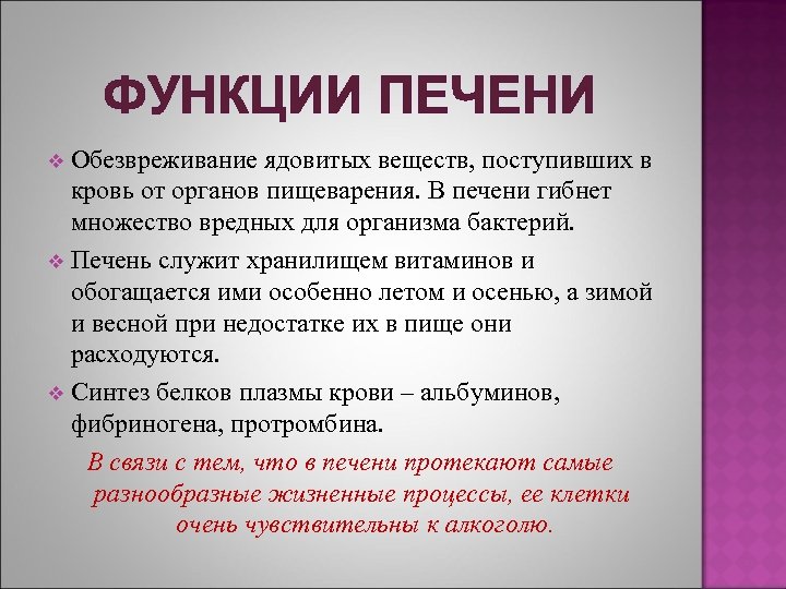 ФУНКЦИИ ПЕЧЕНИ Обезвреживание ядовитых веществ, поступивших в кровь от органов пищеварения. В печени гибнет