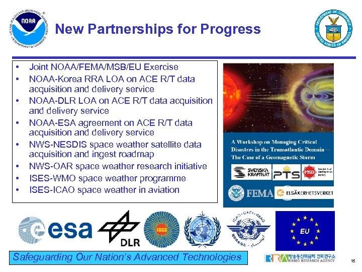 New Partnerships for Progress • • Joint NOAA/FEMA/MSB/EU Exercise NOAA-Korea RRA LOA on ACE