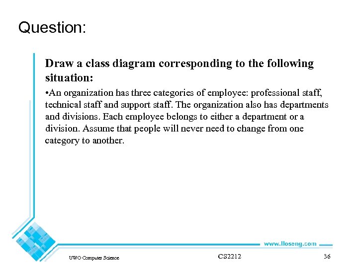 Question: Draw a class diagram corresponding to the following situation: • An organization has