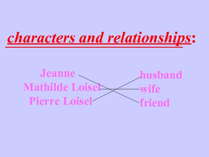 characters and relationships: Jeanne Mathilde Loisel Pierre Loisel husband wife friend 