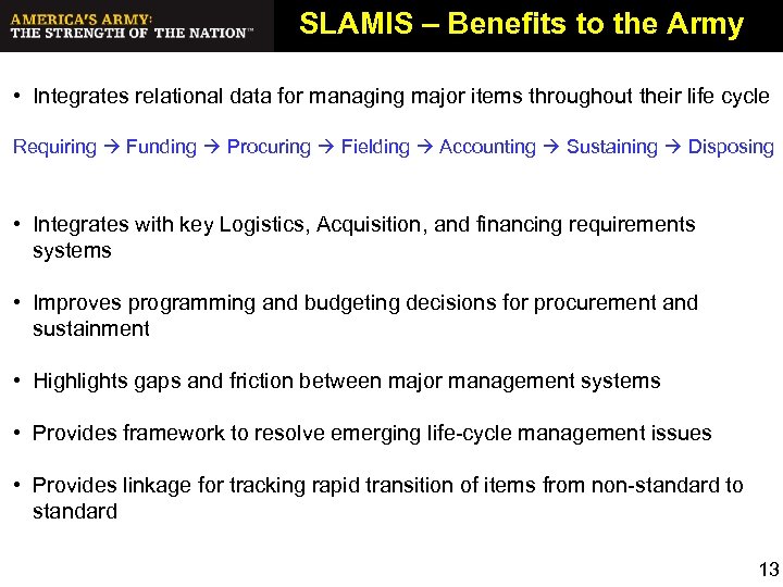 SLAMIS – Benefits to the Army • Integrates relational data for managing major items