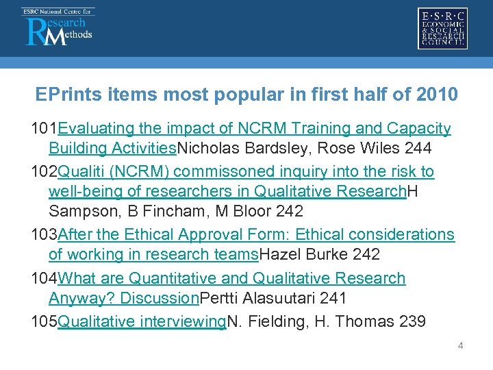  EPrints items most popular in first half of 2010 101 Evaluating the impact