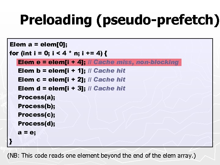 Preloading (pseudo-prefetch) Elem a = elem[0]; for (int i = 0; i < 4