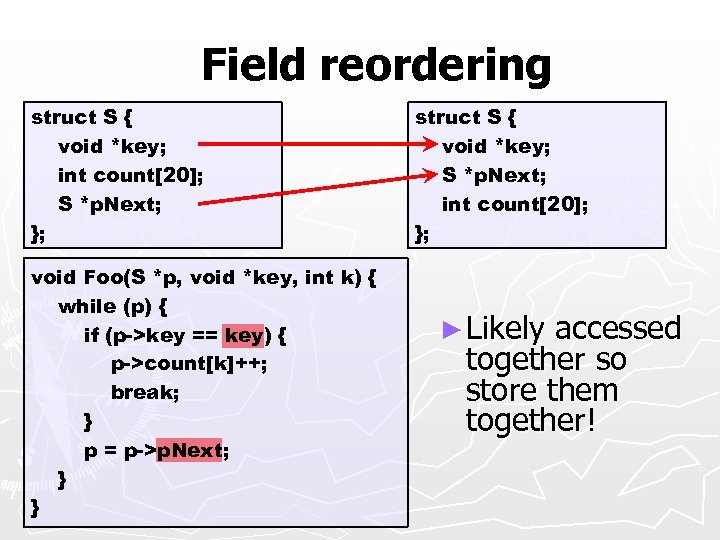 Field reordering struct S { void *key; int count[20]; S *p. Next; }; void