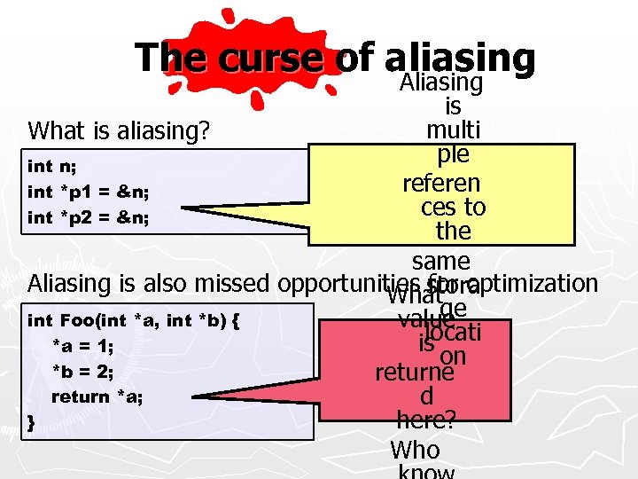 The curse of aliasing Aliasing is multi What is aliasing? ple int n; referen