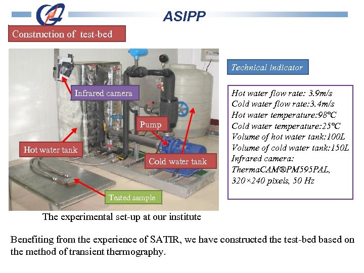 ASIPP Construction of test-bed Technical indicator Infrared camera Pump Hot water tank Cold water