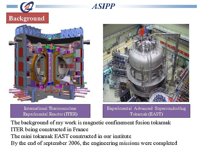 ASIPP Background International Thermonuclear Experimental Reactor (ITER) Experimental Advanced Superconducting Tokamak (EAST) The background