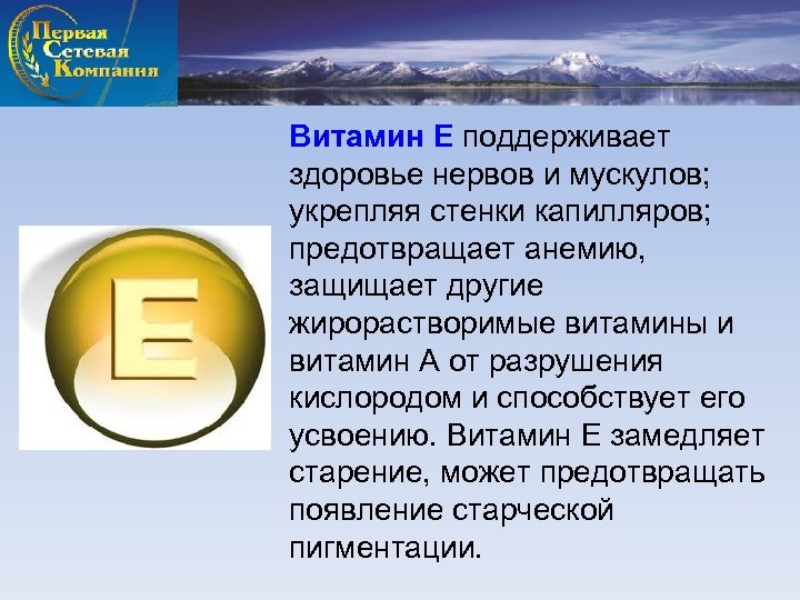 Витамин Е поддерживает здоровье нервов и мускулов; укрепляя стенки капилляров; предотвращает анемию, защищает другие