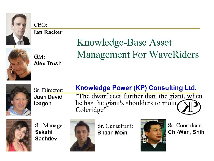 CEO: Ian Racker GM: Knowledge-Base Asset Management For Wave. Riders Alex Trush Sr. Director: