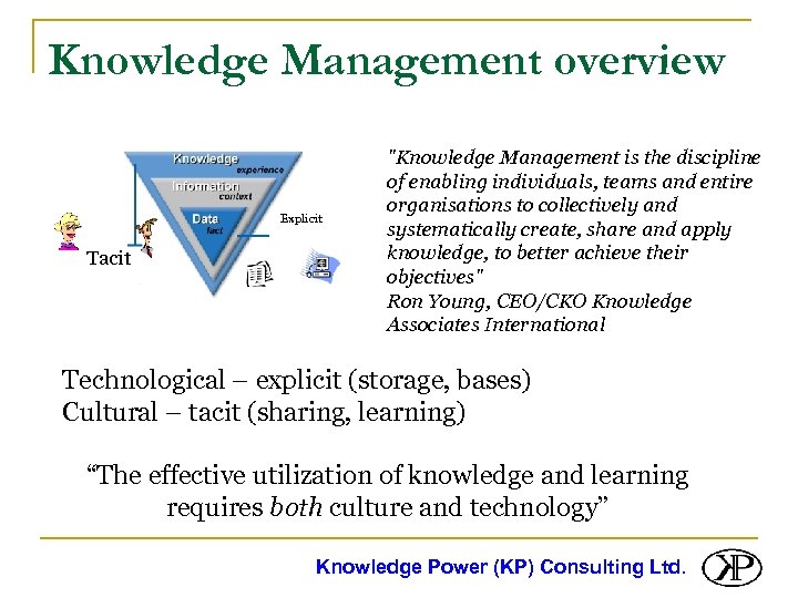 Knowledge Management overview Explicit Tacit "Knowledge Management is the discipline of enabling individuals, teams