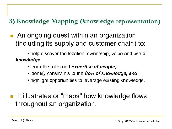 3) Knowledge Mapping (knowledge representation) n An ongoing quest within an organization (including its