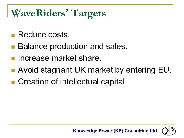 Wave. Riders’ Targets n n n Reduce costs. Balance production and sales. Increase market