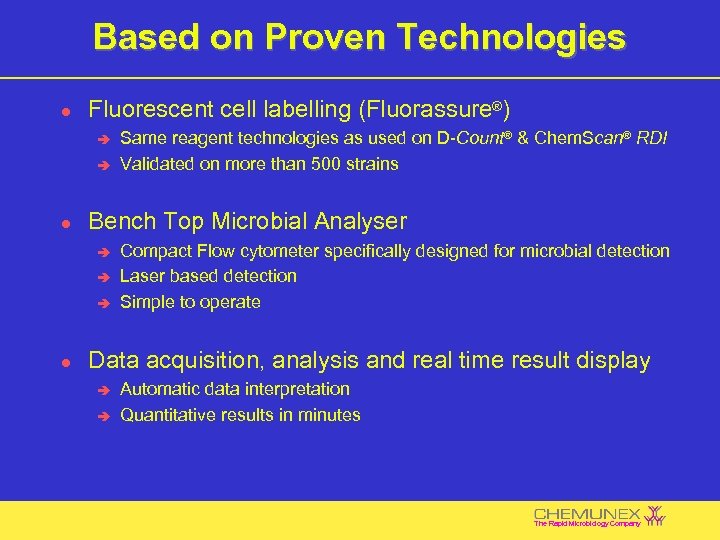 Based on Proven Technologies l Fluorescent cell labelling (Fluorassure®) è è l Bench Top