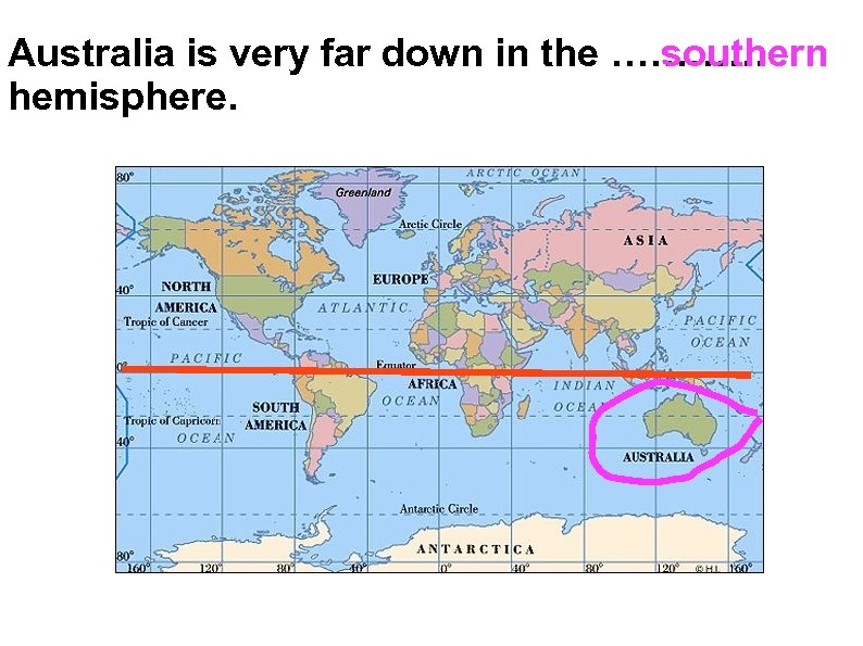 Australia is very far down in the ………… southern hemisphere. 