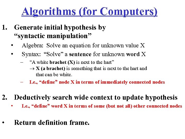 Algorithms (for Computers) 1. Generate initial hypothesis by “syntactic manipulation” • • Algebra: Solve