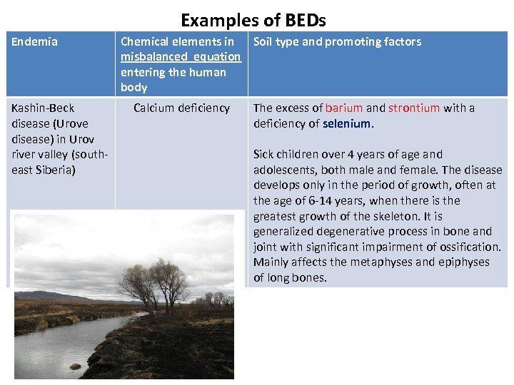 Examples of BEDs Endemia Kashin-Beck disease (Urove disease) in Urov river valley (southeast Siberia)