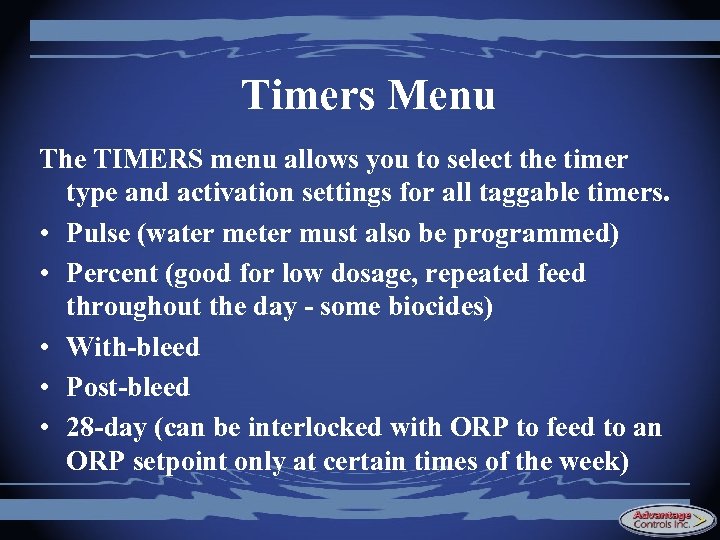 Timers Menu The TIMERS menu allows you to select the timer type and activation