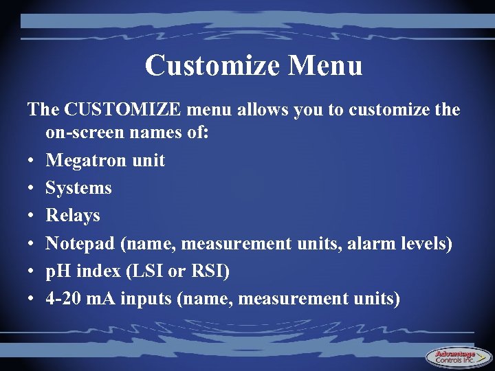 Customize Menu The CUSTOMIZE menu allows you to customize the on-screen names of: •
