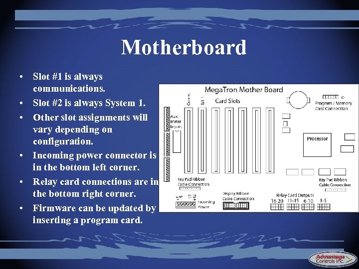Motherboard • Slot #1 is always communications. • Slot #2 is always System 1.