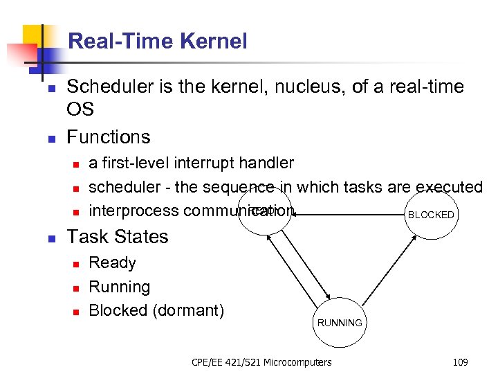 Real-Time Kernel n n Scheduler is the kernel, nucleus, of a real-time OS Functions