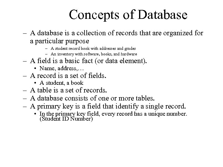 Concepts of Database – A database is a collection of records that are organized