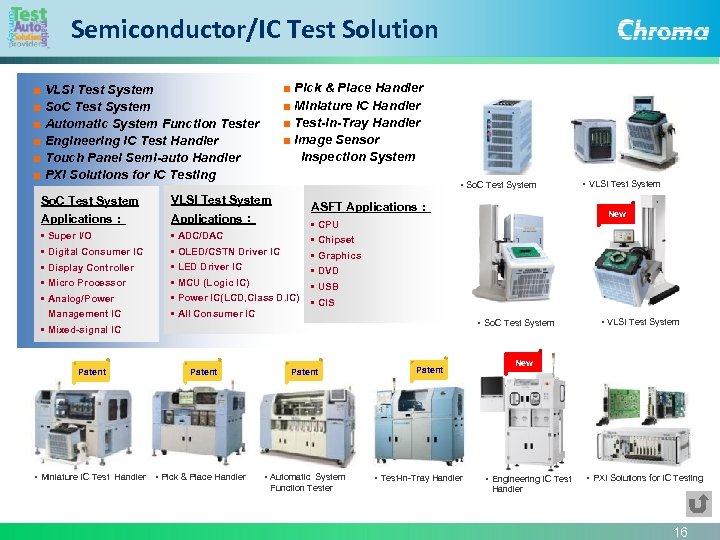 Semiconductor/IC Test Solution ■ Pick & Place Handler ■ Miniature IC Handler ■ Test-in-Tray