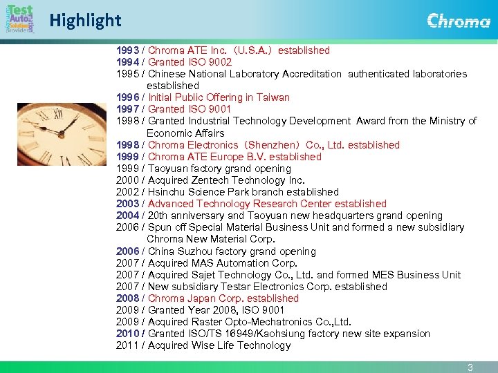 Highlight 1993 / Chroma ATE Inc. （U. S. A. ）established 1994 / Granted ISO