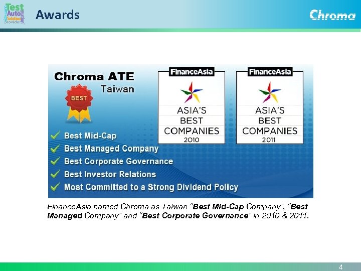 Awards Finance. Asia named Chroma as Taiwan “Best Mid-Cap Company”, “Best Managed Company” and