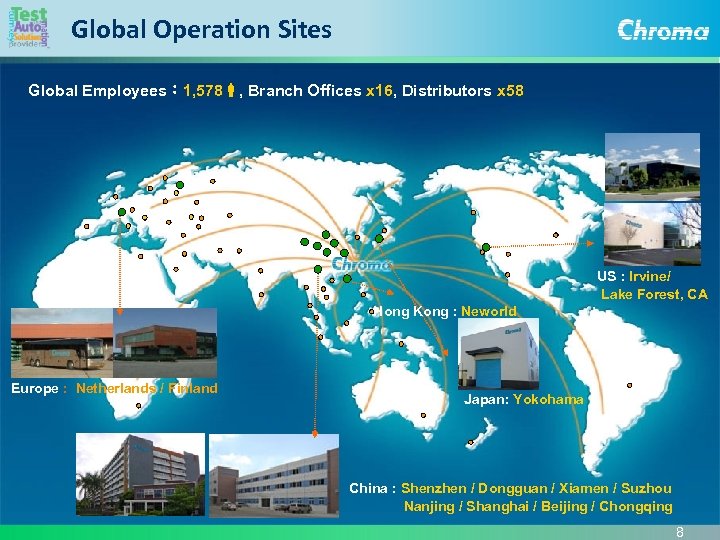 Global Operation Sites Global Employees： 1, 578 , Branch Offices x 16, Distributors x