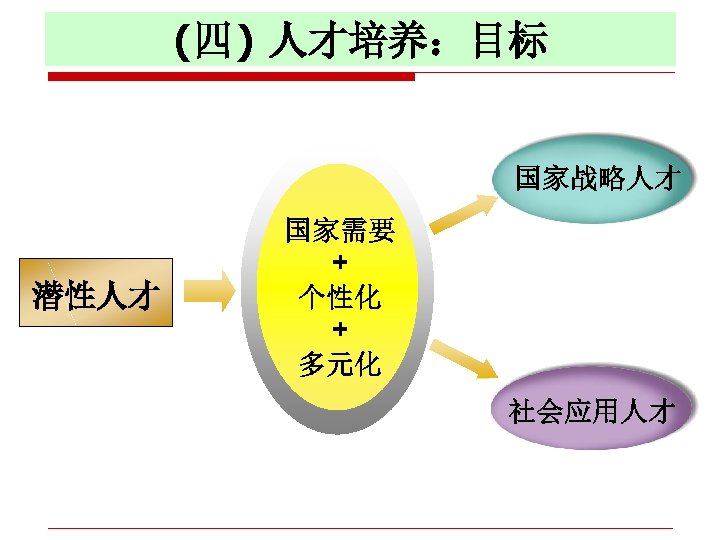 (四) 人才培养：目标 人才培养目标 国家战略人才 潜性人才 国家需要 + 个性化 + 多元化 社会应用人才 