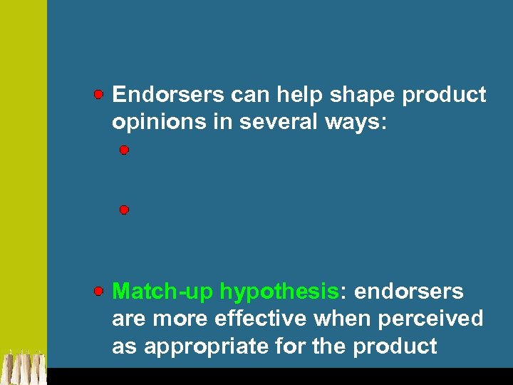 Endorsers can help shape product opinions in several ways: Match-up hypothesis: endorsers are more