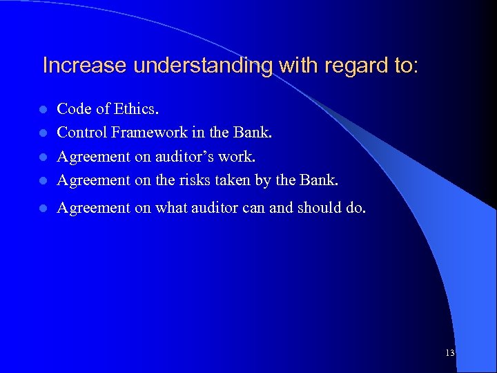 Increase understanding with regard to: Code of Ethics. l Control Framework in the Bank.