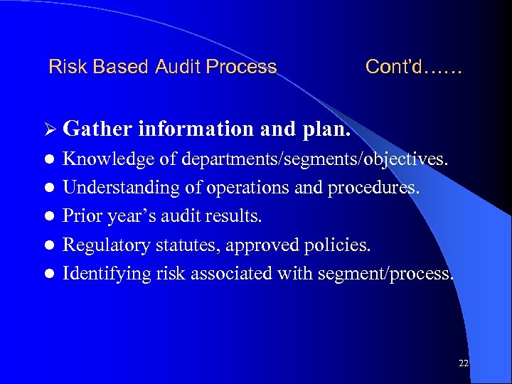 Risk Based Audit Process Ø Gather l l l Cont’d…… information and plan. Knowledge