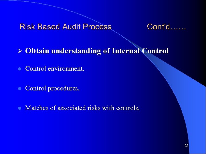 Risk Based Audit Process Cont’d…… Ø Obtain understanding of Internal Control environment. l Control
